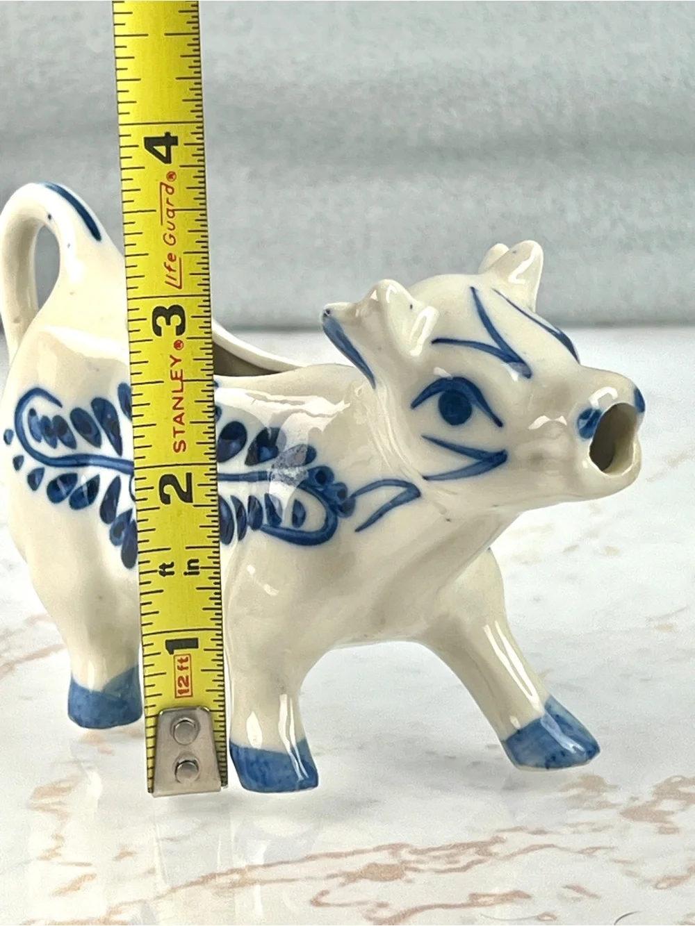 Vintage HandPainted Delft Blue White Porcelain Cow Creamer Windmill Handheld